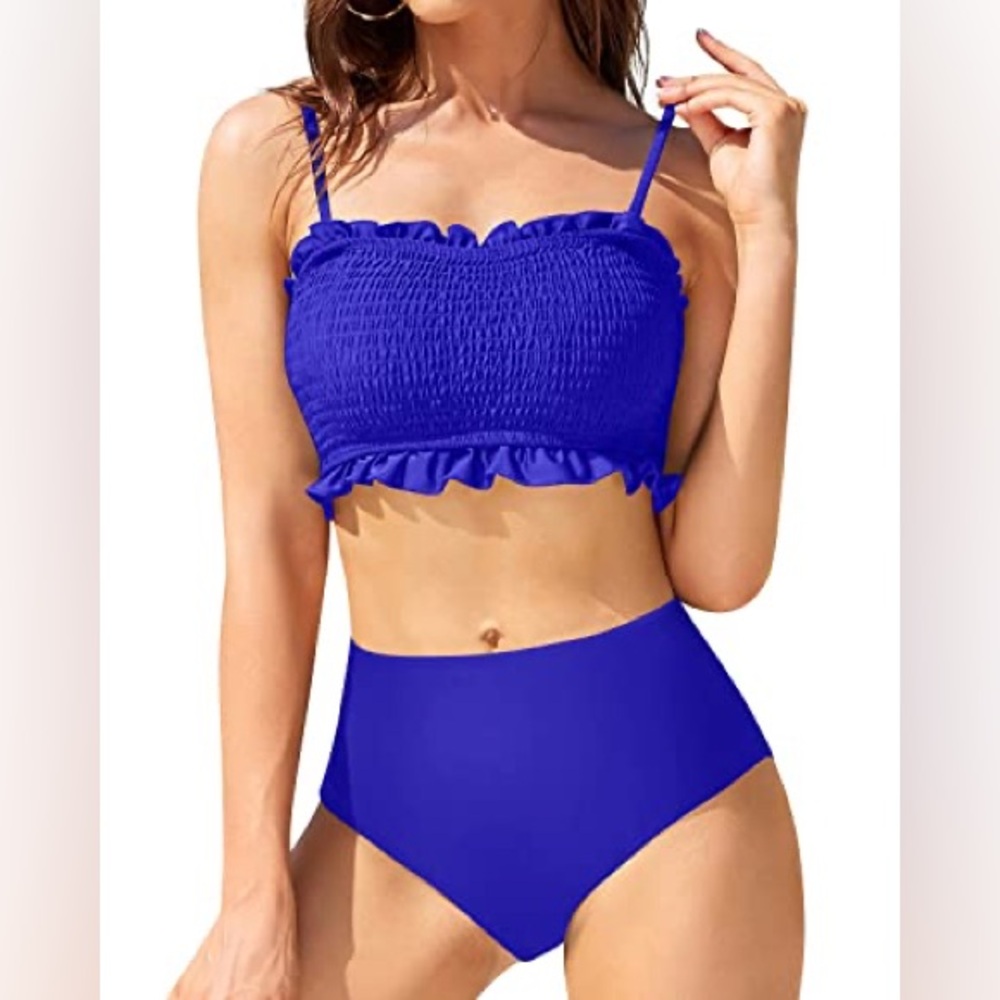 Tempt Me‎ Women's Bandeau Two Piece Smocked Ruffled Bikini Royal Blue NWT Small